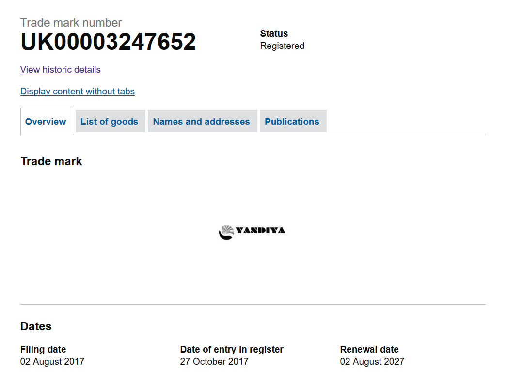 Yandiya Registered Trademark